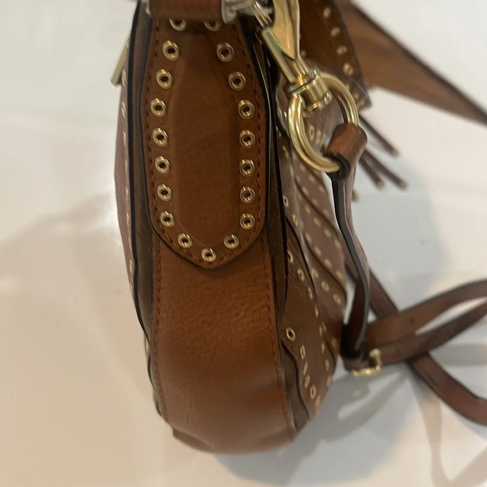 MK Michael Kors Brooklyn Grommet Leather Suede Hobo Crossbody Bag Caramel brown
